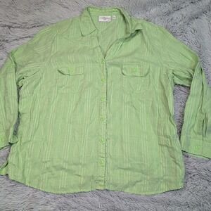 Studio Works Shirt Womens 3X Green Linen  Button Up Preppy Comfort Casual Pocket